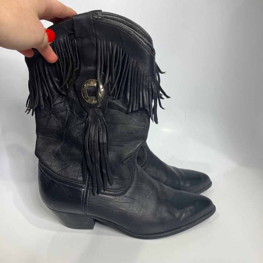 Acme black leather fringe western cowboy boots women's size 7.5 trendy festival‎
